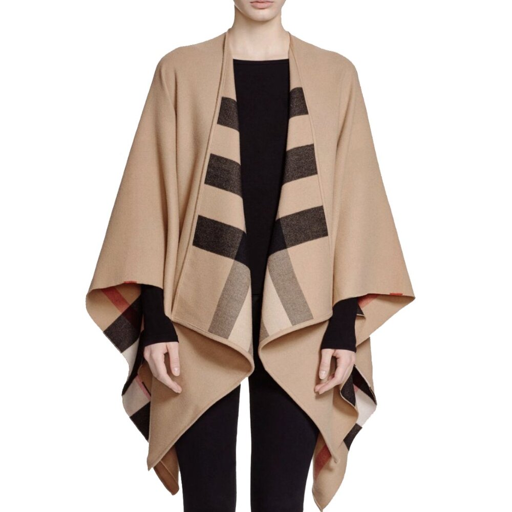 Burberry Charlotte Reversible Solid/House Check Wool Cape One Size - Picture 6 of 13
